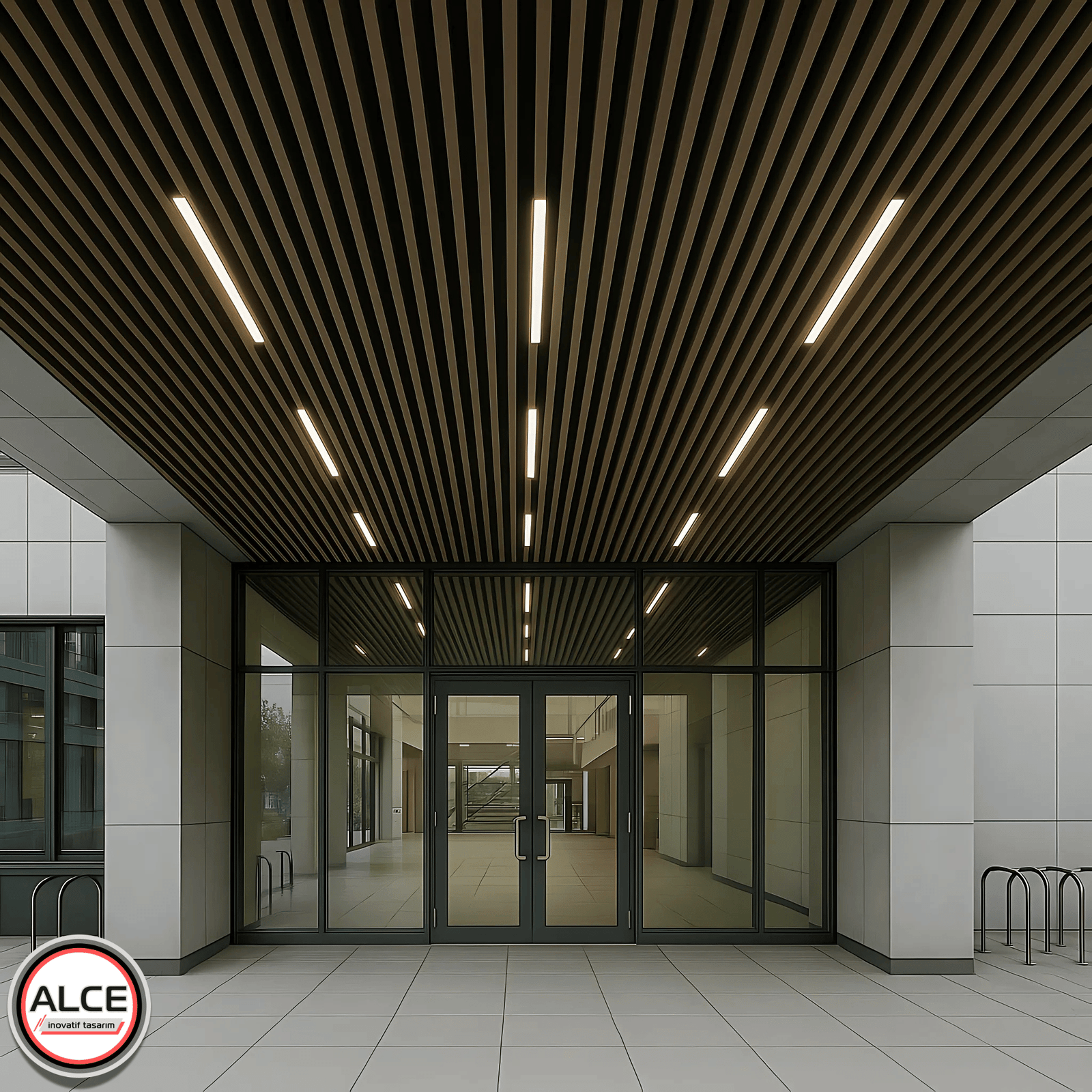 Yüksek dayanıklılığı ile öne çıkan bu koyu renk metal baffle asma tavan sistemi, lineer aydınlatma entegrasyonu ile giriş holü ve lobi gibi yoğun kullanımlı alanlarda uzun ömürlü ve estetik bir çözüm sunar – Alce İnovatif Tasarım